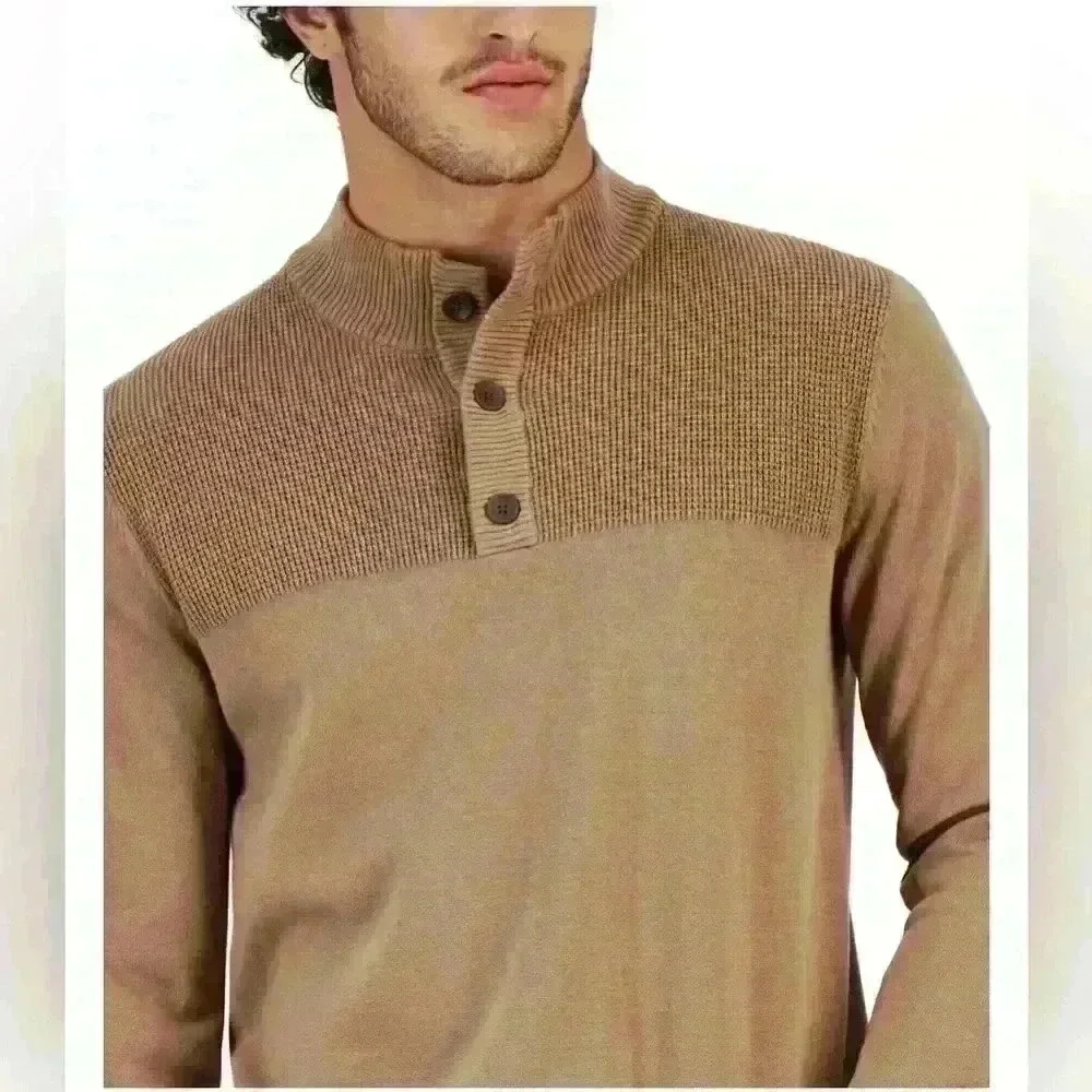 Club Room Mock Neck 3-Button 100% Cotton Pullover Mens Sweater Size L Walnut